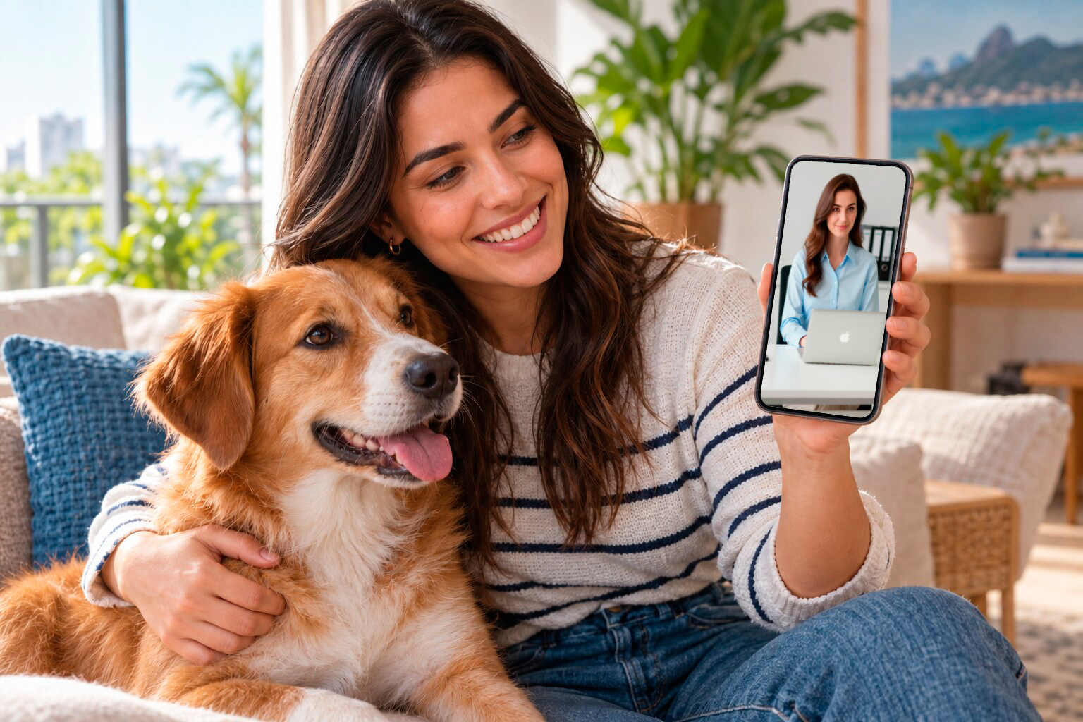Pessoa agendando atendimento veterinário pelo celular com uma personagem virtual